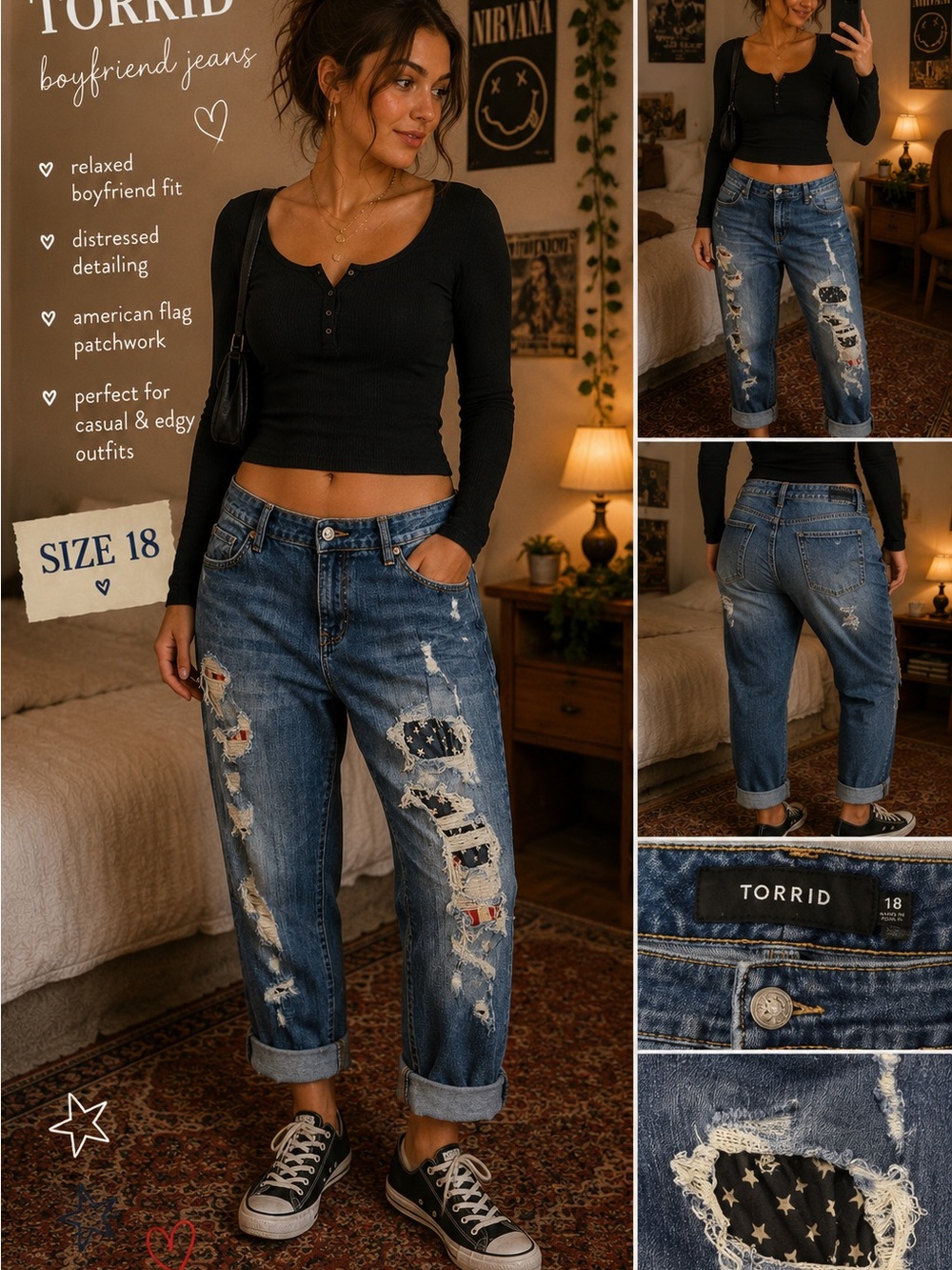 torrid Distressed Boyfriend Jeans with Flag Patchwork - Blue